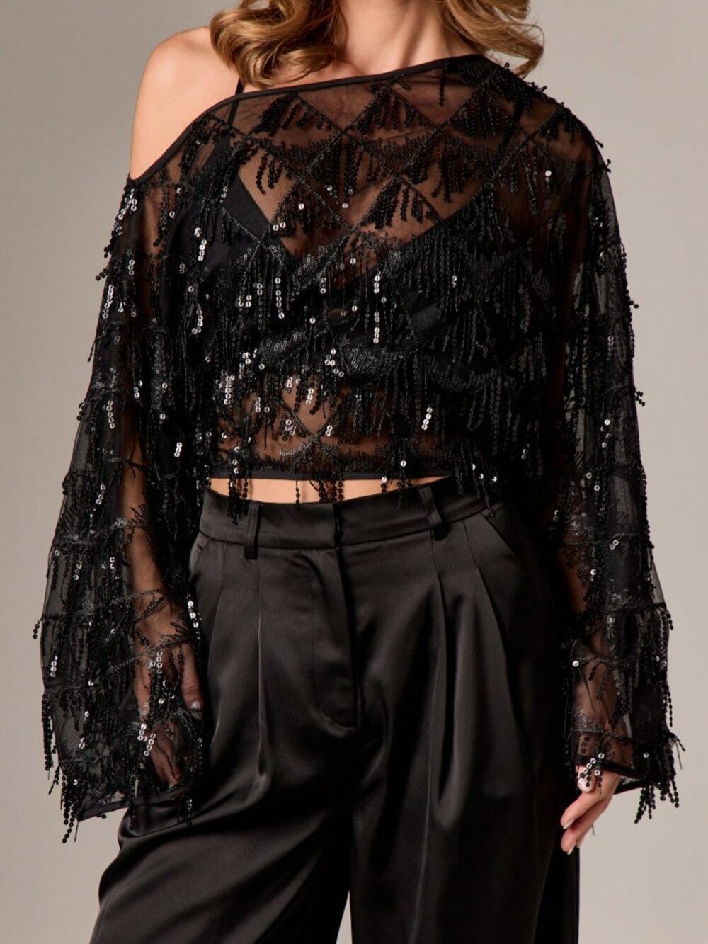 Black Party Women's Sequin Fringe One-Shoulder Sleeve Mesh Top Tassel Detail - Picture 5 of 6